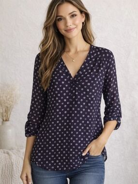 Maurices Navy Dot V-Neck Roll-Tab Blouse